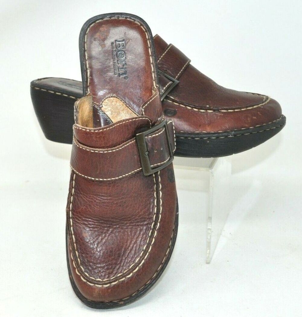 BORN Womens Mules Clogs Brown Leather Buckle Moc Shoes Wedge W6635 Size 10 / 42